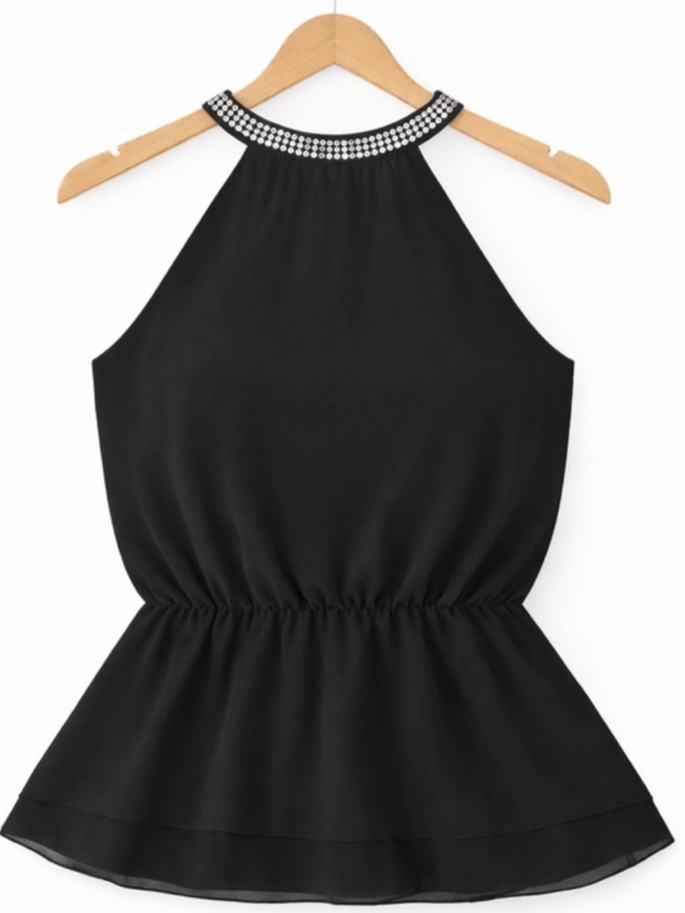 Love Stitch Black Chiffon Sleeveless Top Rhinestone Neckline Size Small
